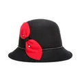 Women's black wool cloche hat featuring a red bow and elegant gold bead chain trim - Black