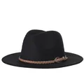 Klassischer schwarzer Woll-Fedora mit braunem Flechtband und silberner Metallschnalle - 57cm Einstellbar / Schwarz