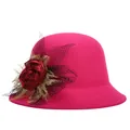 Elegant rose red wool felt cloche hat for women with floral ribbon and black mesh veil - 57cm Adjustable / Rose Red (Red Flower)