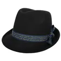 Classic black wool fedora hat with a navy blue ribbon featuring yellow floral script - 57cm Adjustable / Black