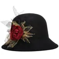Elegant black wool felt cloche hat for women with red fabric rose and gold mesh veil - 57cm Adjustable / Black (Red Flower)