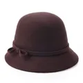 Elegant dark chocolate wool felt cloche hat for women with a delicate bow ribbon - Brown