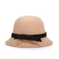 Elegant khaki wool felt cloche hat with a black velvet ribbon bow for women - 57cm Adjustable / Khaki