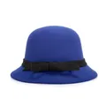 Elegant navy wool felt cloche hat for women with a black ribbon bow and vintage style - 57cm Adjustable / Blue