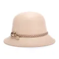 Elegant beige wool felt cloche hat with leather braided band and gold buckle detail - 57cm Adjustable / Khaki