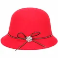 Elegant red wool cloche hat for women featuring a black ribbon bow and crystal flower - 57cm Adjustable / Red