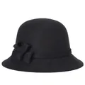 Eleganter schwarzer Woll-Glockenhut für Damen mit Schleifendetail auf weißem Hintergrund - 57cm Einstellbar / Schwarz