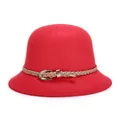 Elegant red wool cloche hat for women featuring a brown leather band and gold metal buckle - 57cm Adjustable / Red
