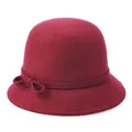 Women's wool felt bucket hat in deep burgundy with a delicate bow ribbon detail - Burgundy