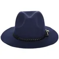 Chapeau fedora en laine bleu marine avec ruban en cuir noir et boucle dorée - 57cm Ajustable / Cyan