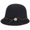 Elegant black wool cloche hat for women featuring golden beads and a rhinestone bow detail - 57cm Adjustable / Black