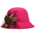 Women's vintage wool cloche hat in magenta with elegant brown satin rose detail - 57cm Adjustable / Rose Red