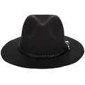 Cappello fedora nero a tesa larga da donna con fascia in pelle e fibbia dorata - 57cm Regolabile / Nero