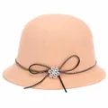 Khaki wool felt bowler hat for women with black bow ribbon and sparkling rhinestone flower - 57cm Adjustable / Khaki