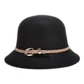 Elegant black wool cloche hat for women with beige braided band and golden metal buckle - 57cm Adjustable / Black