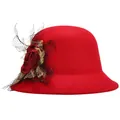 Elegant red wool cloche hat for women featuring a vintage rose and mesh veil detail - 57cm Adjustable / Red (Red Flower)