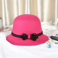 Elegant rose red wool felt cloche hat with a black double ribbon bow for women - M (56-58cm) / Rose Red