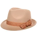 Classic camel wool fedora hat featuring an orange ribbon with elegant script lettering - 57cm Adjustable / Khaki