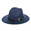 Donkerblauwe wollen fedora hoed met zwart gevlochten lederen band en zilveren gesp - Verstelbaar / Donkerblauw