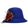 Royal blue vintage cloche hat with red satin rose and black lace net decoration - 57cm Adjustable / Blue (Red Flower)