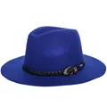 Chapeau Fedora en laine bleu roi avec ruban tressé noir et boucle en métal argenté - 57cm Ajustable / Bleu