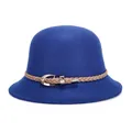Elegant royal blue wool cloche hat for women with brown braided leather band detail - 57cm Adjustable / Blue