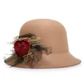 Elegant camel wool cloche hat for women featuring a vintage red rose and black mesh decor - 57cm Adjustable / Khaki (Red Flower)