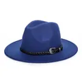 Koningsblauwe wollen fedora hoed met brede platte rand en retro zilveren gesp - Verstelbaar / Blauw
