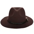 Cappello fedora in feltro marrone scuro con nastro intrecciato nero e fibbia dorata - 57cm Regolabile / Caffè