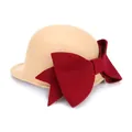 Chapeau melon élégant en feutre de laine kaki pour femme avec un grand nœud rouge foncé - Réglable / Kaki
