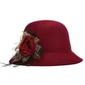 Elegant burgundy wool cloche hat with a large decorative rose and black mesh veil - 57cm Adjustable / Burgundy (Red Flower)