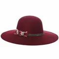 Elegant wine red wide-brim wool fedora hat for women with bow and crystal accents - 57cm Adjustable / Burgundy