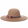Elegant wide brim camel wool fedora hat for women with red ribbon and rhinestone flowers - 57cm Adjustable / Khaki