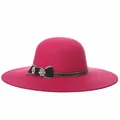 Elegant rose red wide brim wool felt fedora hat with black bow and crystal floral detail - 57cm Adjustable / Rose Red