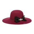 Elegant wide brim wine red wool felt fedora hat with large black mesh bow and rhinestones - 57cm Adjustable / Burgundy