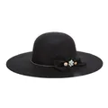 Classic black wide brim wool fedora hat featuring rhinestone flower and bow decoration - 57cm Adjustable / Black