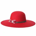 Elegant red wide brim wool cloche hat for women with a rhinestone bow and braided band - 57cm Adjustable / Red