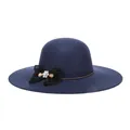 Elegant navy blue wide-brim wool fedora with gold chain and lace rhinestone bow - 57cm Adjustable / Cyan