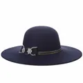 Elegant navy blue wide-brimmed felt hat with bow and sparkling rhinestone flowers - 57cm Adjustable / Cyan