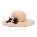 Elegant camel wool wide-brim fedora hat for women with black mesh bow and floral rhinestone - 57cm Adjustable / Khaki