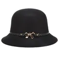Elegante cappello cloche in lana nera da donna con nastro a pois e fiocco oro rosa - Regolabile / Nero