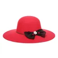 Elegant red wide-brimmed wool fedora hat with black mesh bow and rhinestone flower - 57cm Adjustable / Red