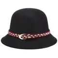 Elegant black wool felt fedora hat with red white knit band and gold buckle - 57cm Adjustable / Black
