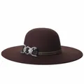 Classic dark brown wool felt wide brim hat with floral rhinestone decoration - 57cm Adjustable / Coffee