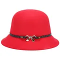 Elegante cappello bombetta in lana rossa con nastro a pois e fiocco in metallo - Regolabile / Rosso