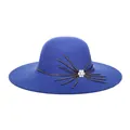 Elegant royal blue wide brim wool fedora hat with floral rhinestone side ornament - 57cm Adjustable / Blue
