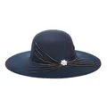 Elegant navy blue wide brim wool fedora hat with gold beads and white floral rhinestone - 57cm Adjustable / Cyan