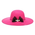 Elegant rose red wide brim wool felt hat featuring a black mesh bow with a crystal flower - 57cm Adjustable / Rose Red