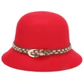 Red wool felt cloche hat for women featuring a stylish brown braided band and gold buckle - 57cm Adjustable / Red
