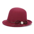 Elegant wine red wool cloche hat with black ribbon bow and sparkling rhinestone flower - 57cm Adjustable / Purple